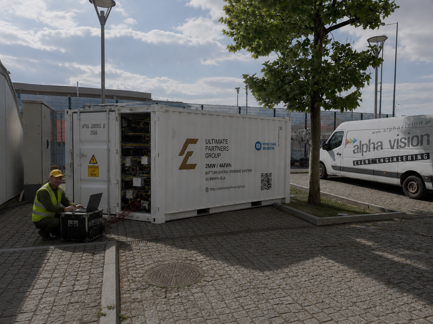 Front and side view of Ultimate Partners BESS container system